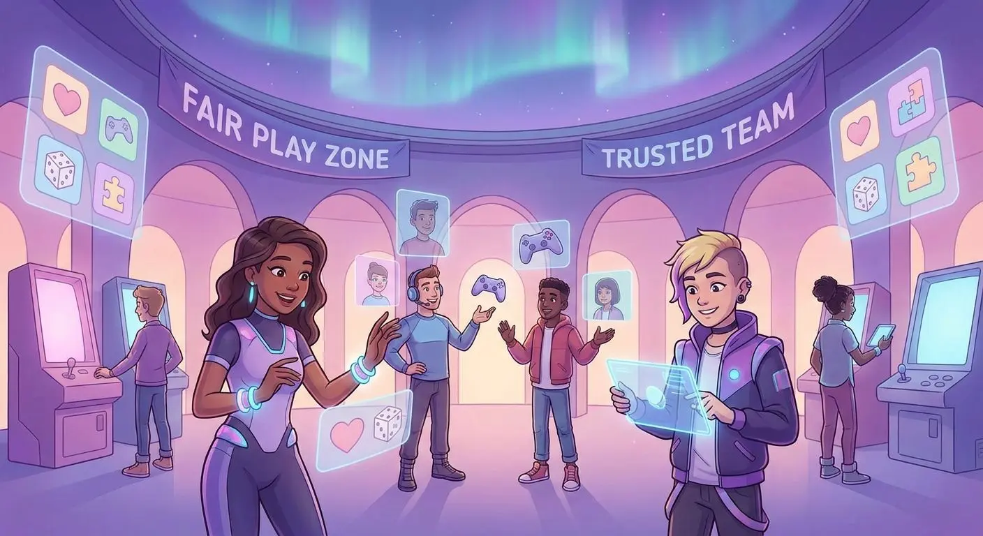 Friendly PlayOJO-style team and players in a fun fair digital gaming setting