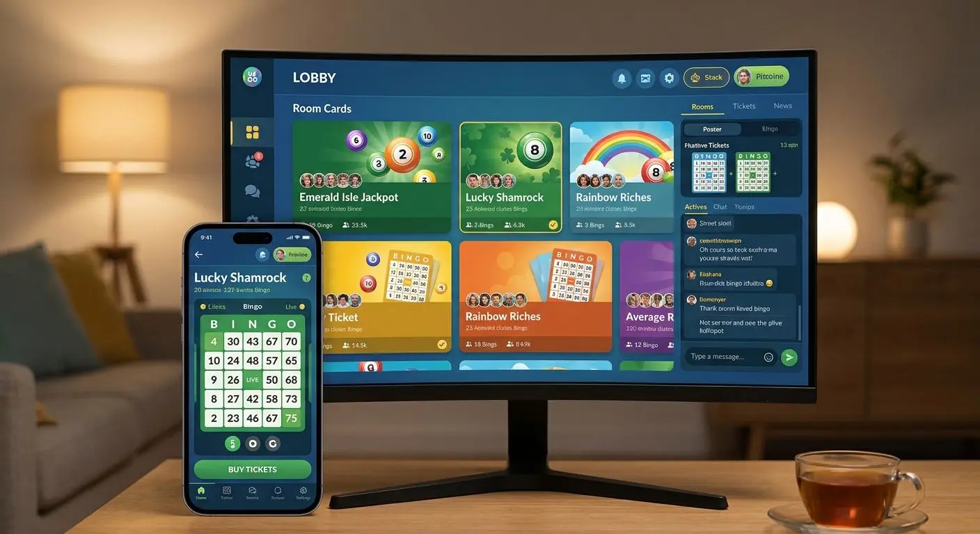 PlayOJO bingo lobby with multiple room types on desktop and mobile