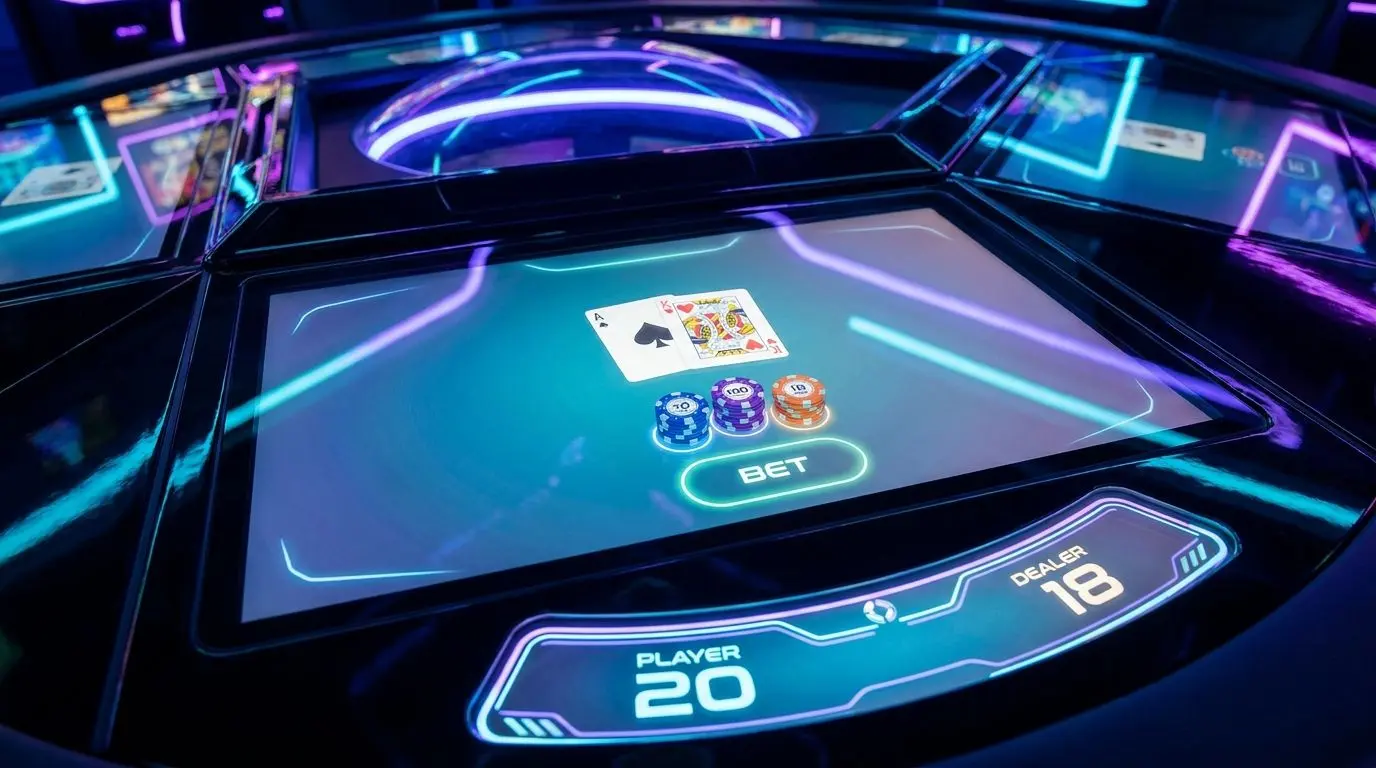 Virtual blackjack table view Virtual blackjack table with cards and chips in a colourful online gaming interface