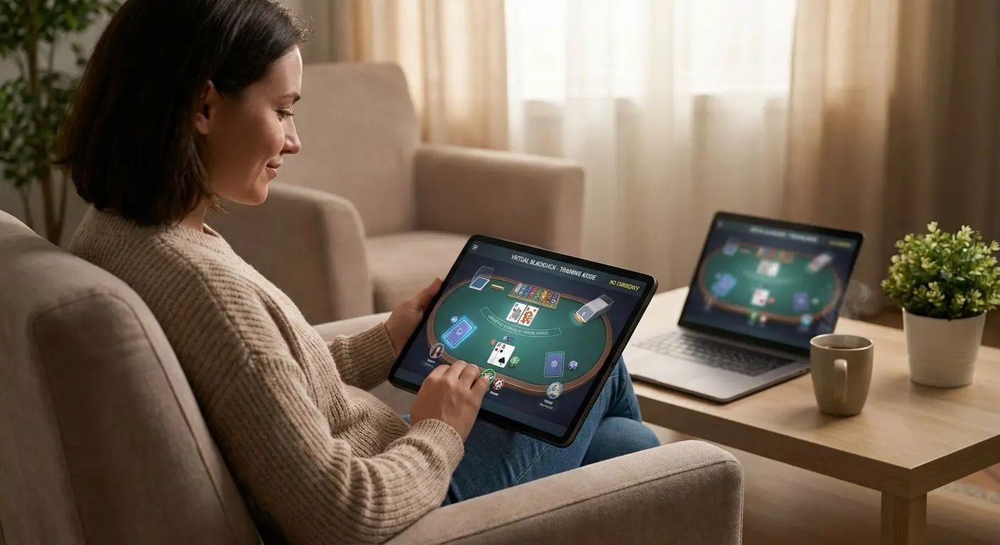 Free blackjack practice session Player practising blackjack in free mode on a digital table
