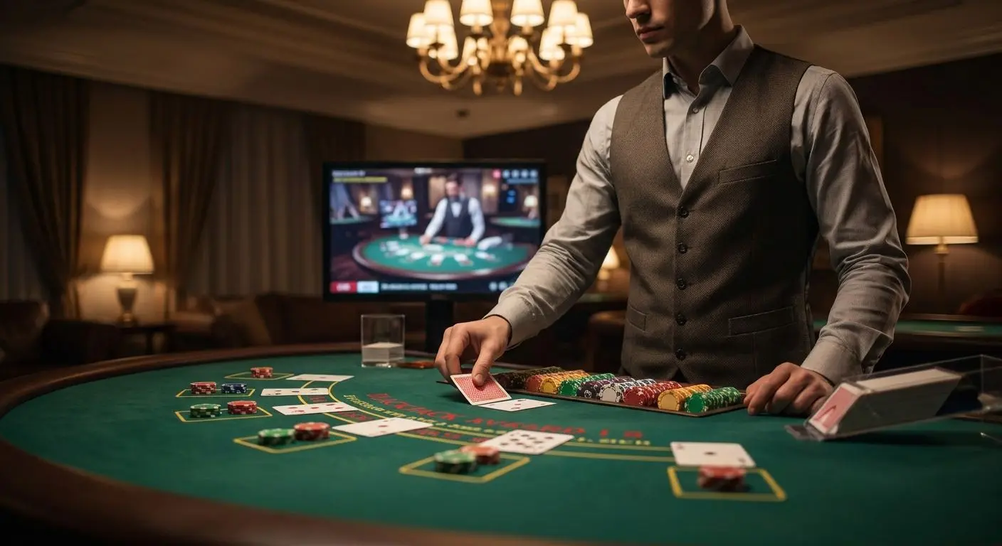 Live blackjack table experience Live blackjack table scene with dealer, cards and chips