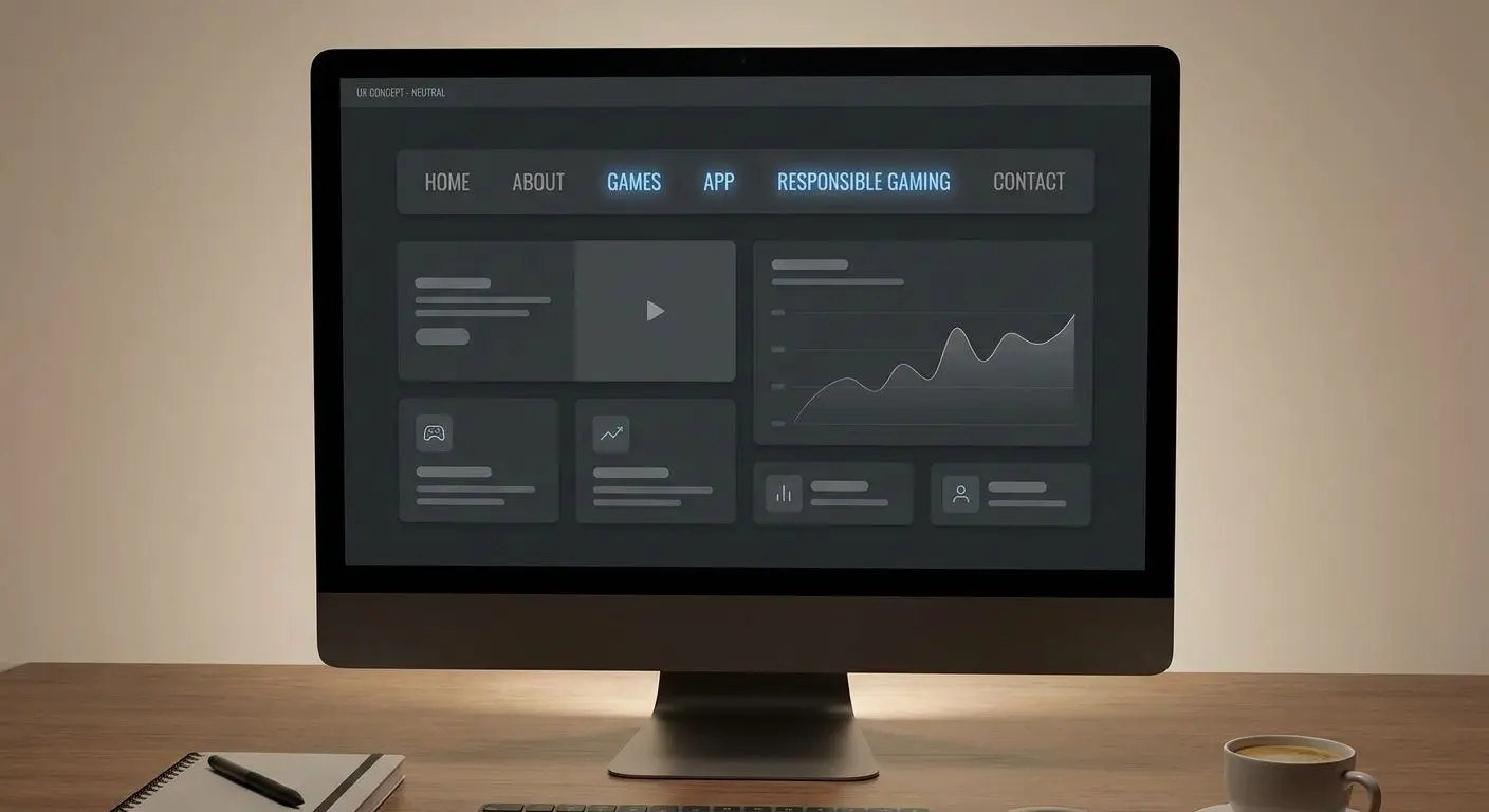 Site menu mockup highlighting games app and responsible gaming sections