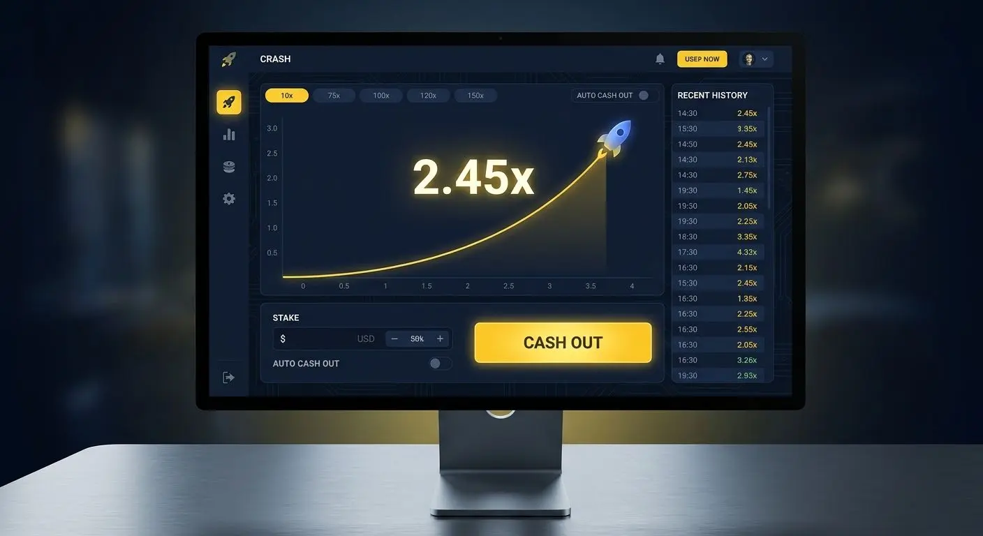 Crash game interface with multiplier graph and cash out controls
