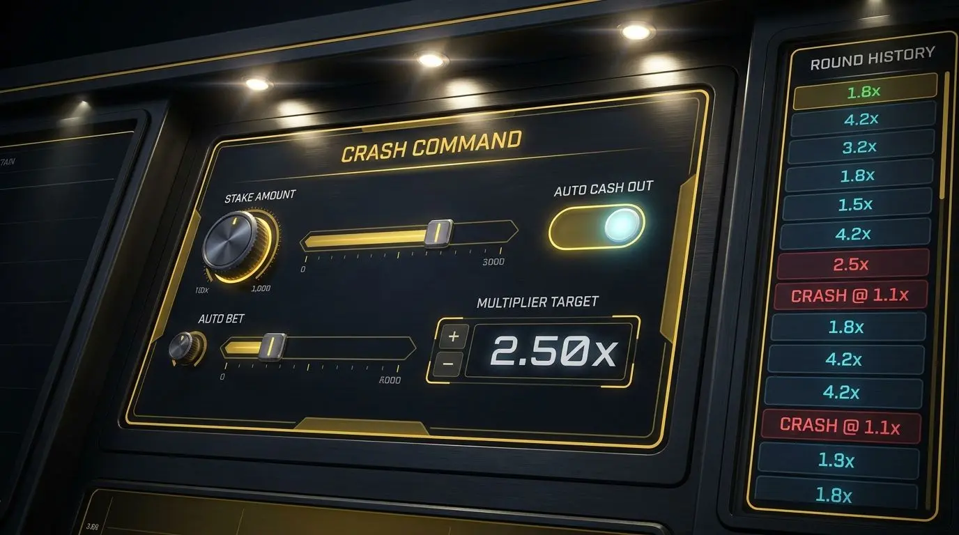 Crash game settings panel with auto cash out and stake controls