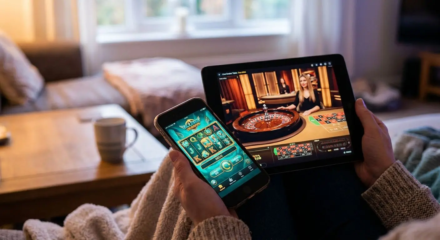 Mobile PlayOJO games experience Player using smartphone and tablet to access mobile online games