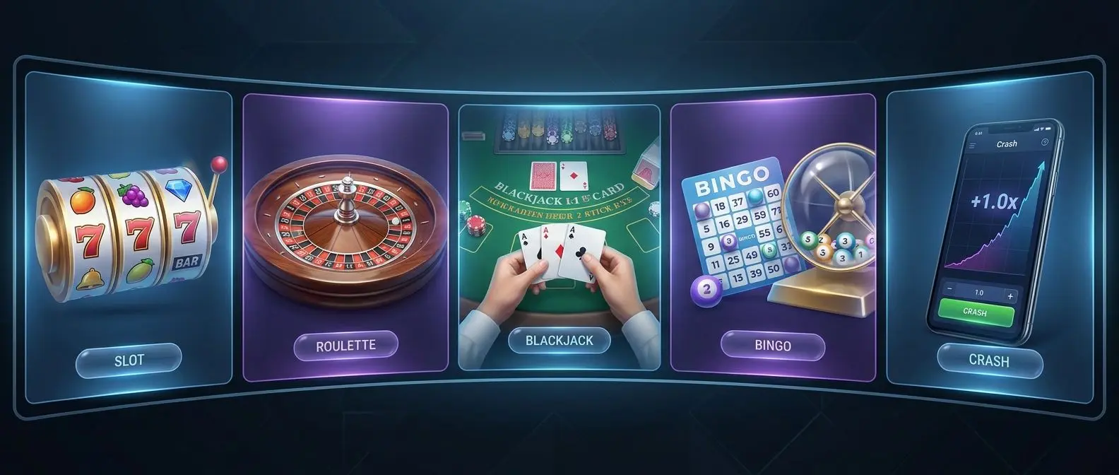 Types of PlayOJO online games Different types of online games including slots, roulette, blackjack, bingo and crash titles