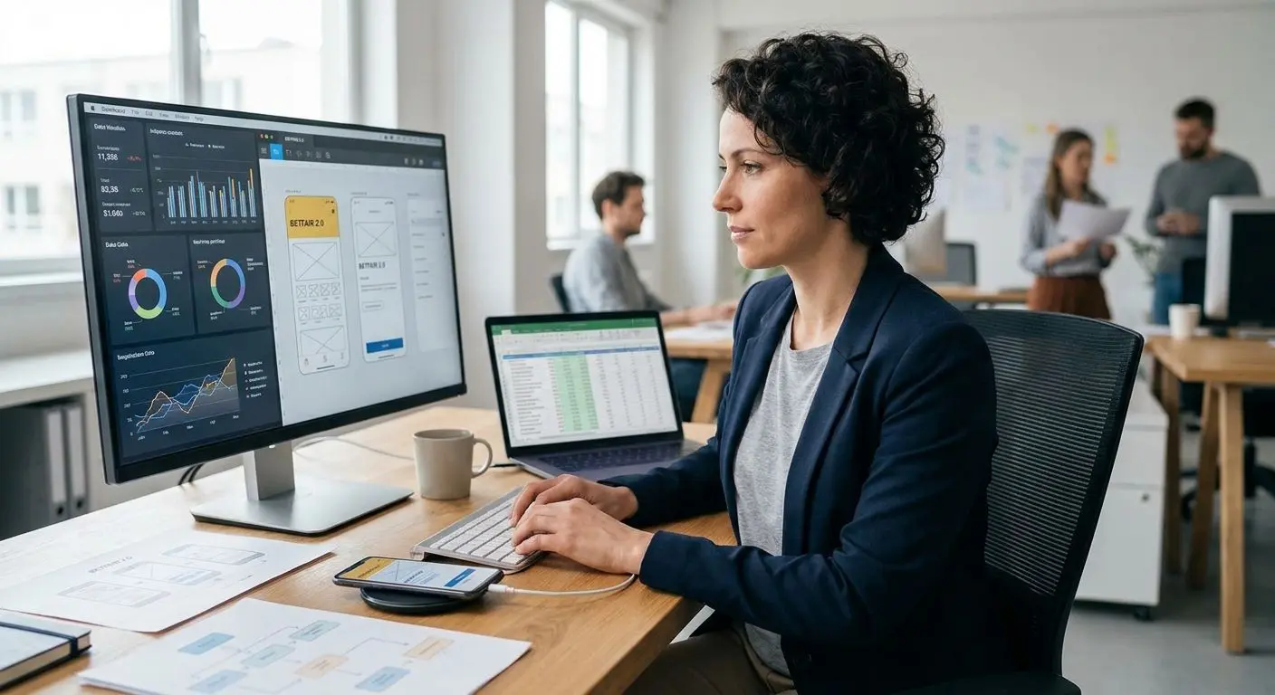 Fictional analyst reviewing mobile app interface and user experience
