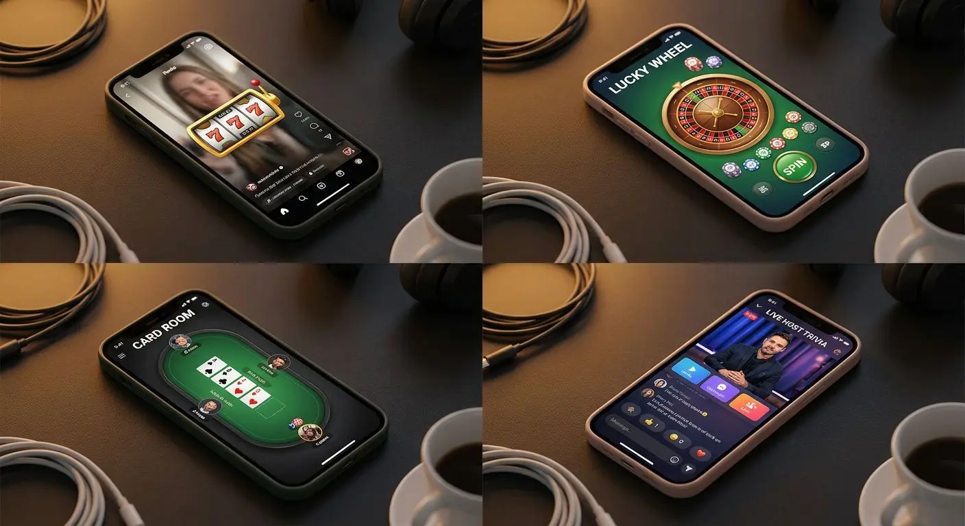 Collage of app screens showing slots roulette blackjack and live categories