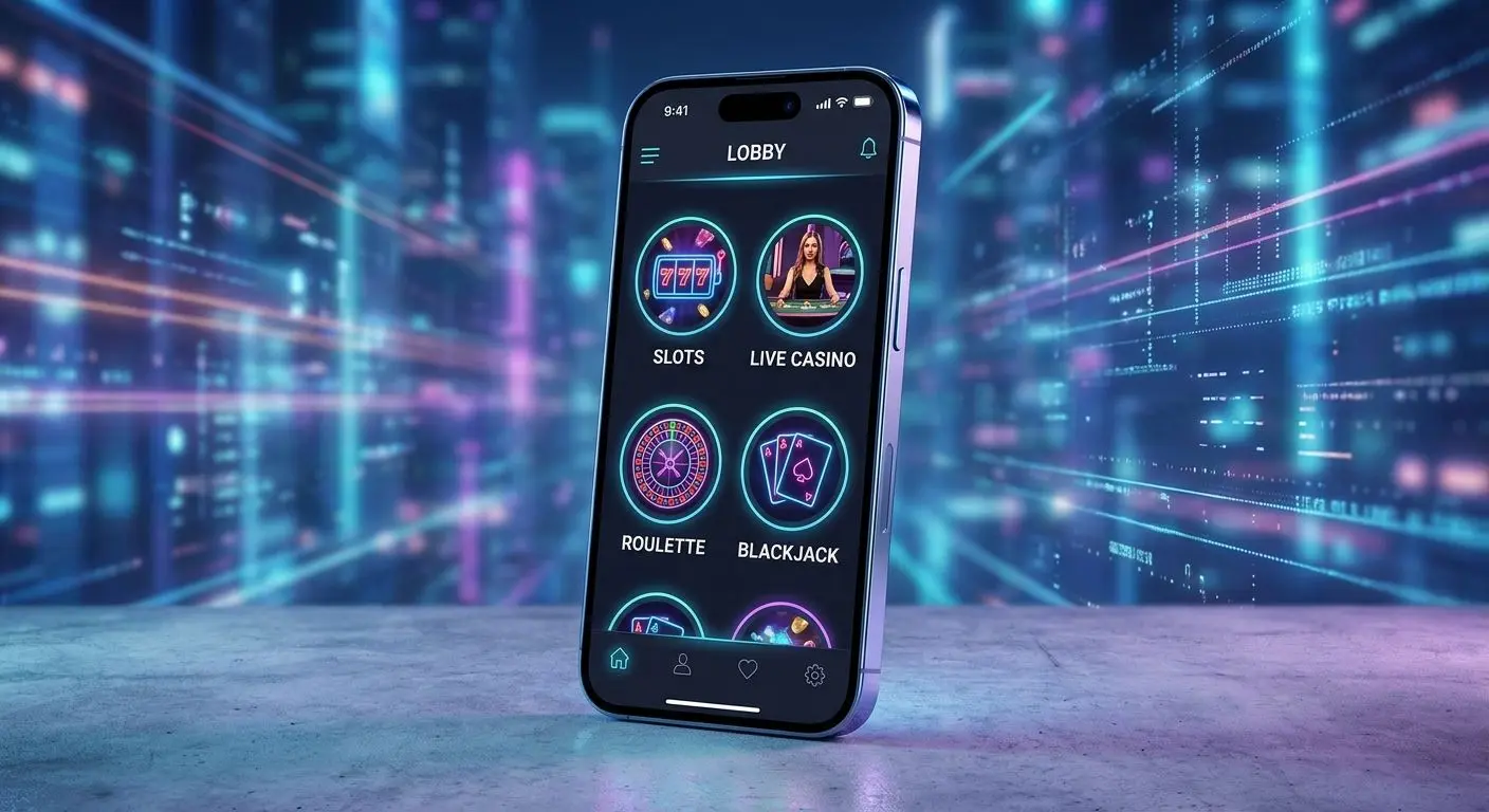 iPhone mockup showing the app lobby with Slots Live and Roulette sections