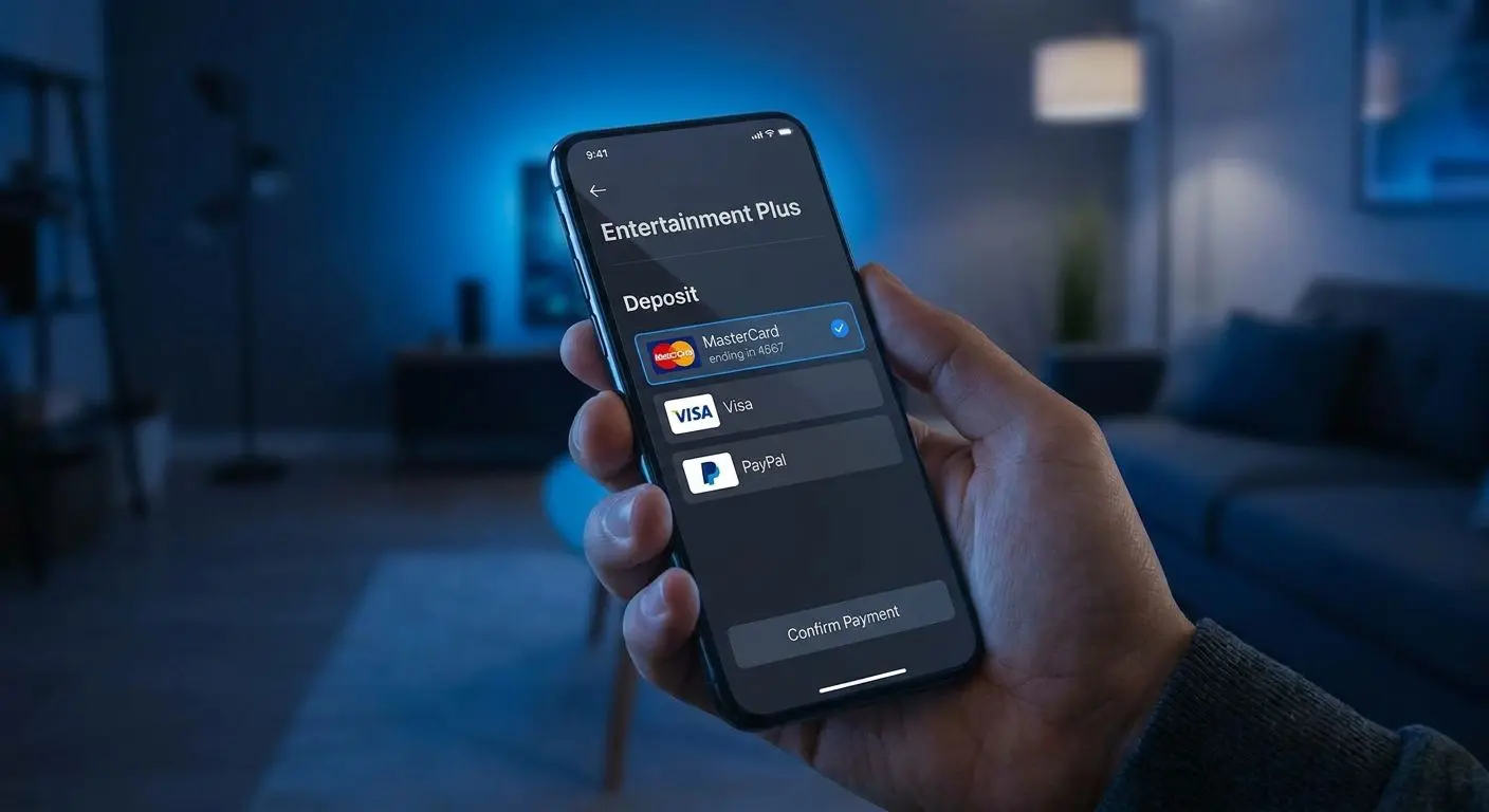 Smartphone showing MasterCard selected in PlayOJO mobile deposit section