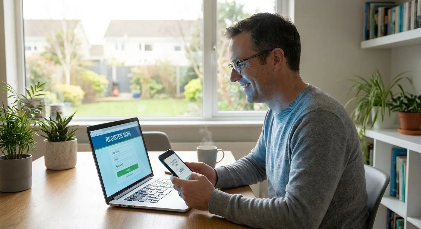Player registering on a gaming site using laptop and phone