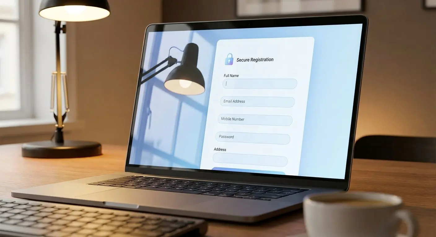 Registration form screen with secure account setup fields