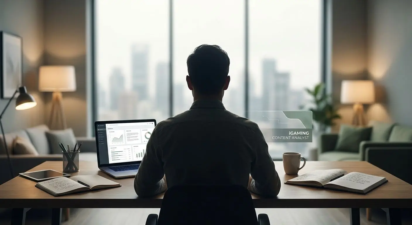 iGaming Content Expert Illustration Fictional iGaming content expert in a workspace