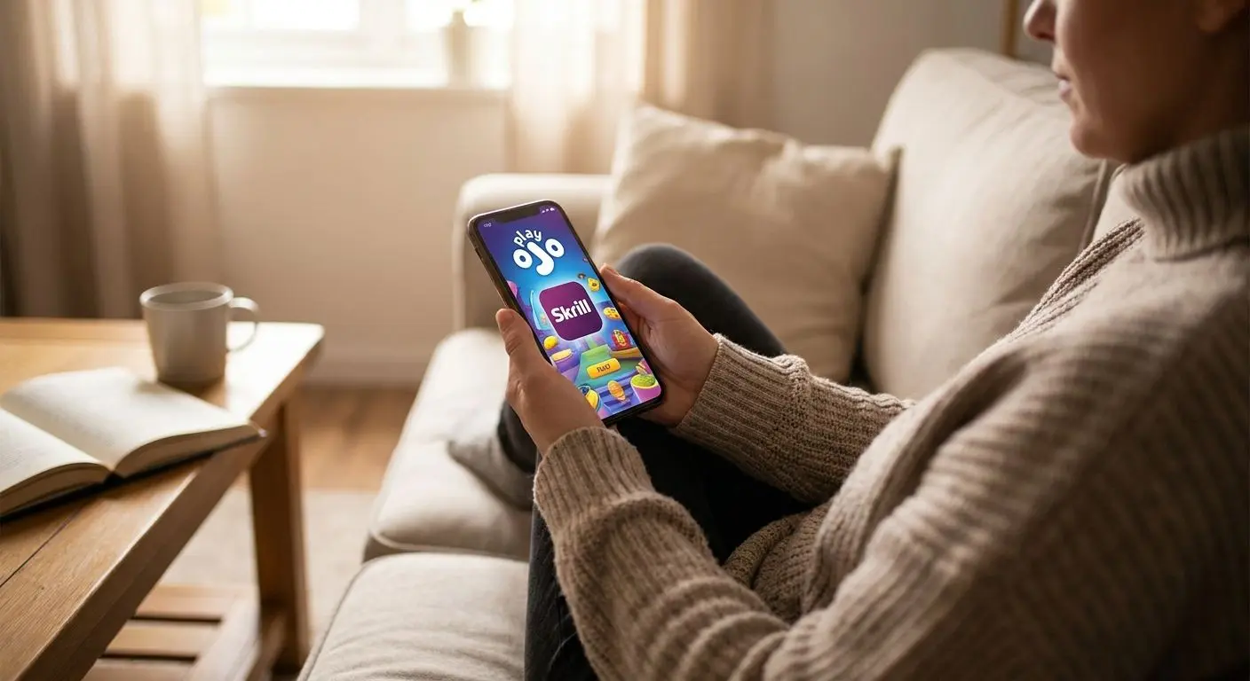 Player using smartphone with PlayOJO and Skrill on mobile