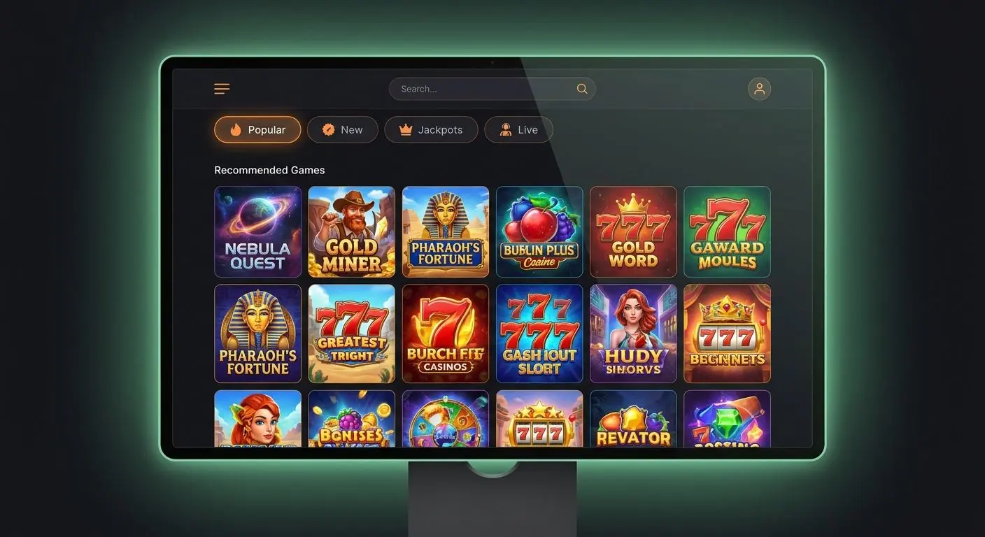 Overview of a slots lobby with game tiles and category filters