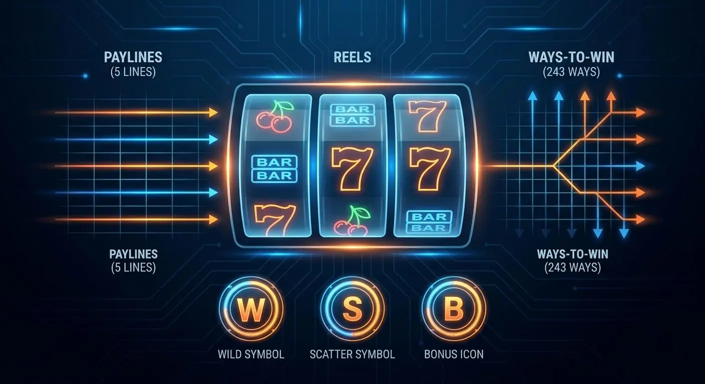 Illustration of slot mechanics with reels, paylines, wilds and scatters