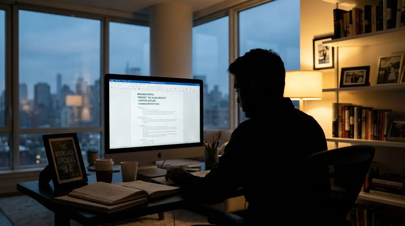 Fictional author silhouette researching support content at a computer