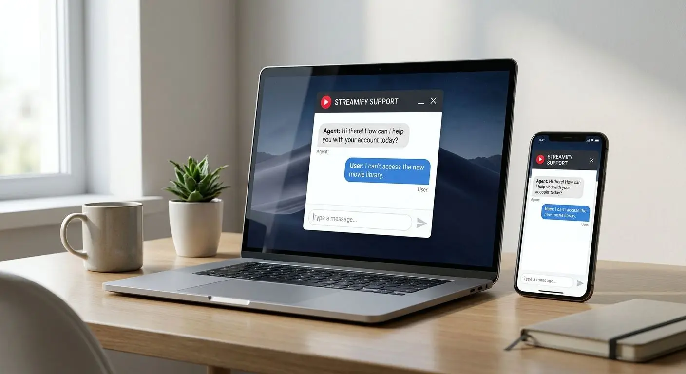 Live chat support window on laptop and smartphone
