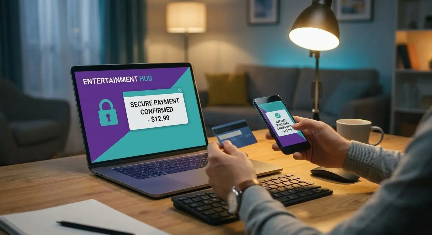User making a secure online Visa payment on a laptop and phone