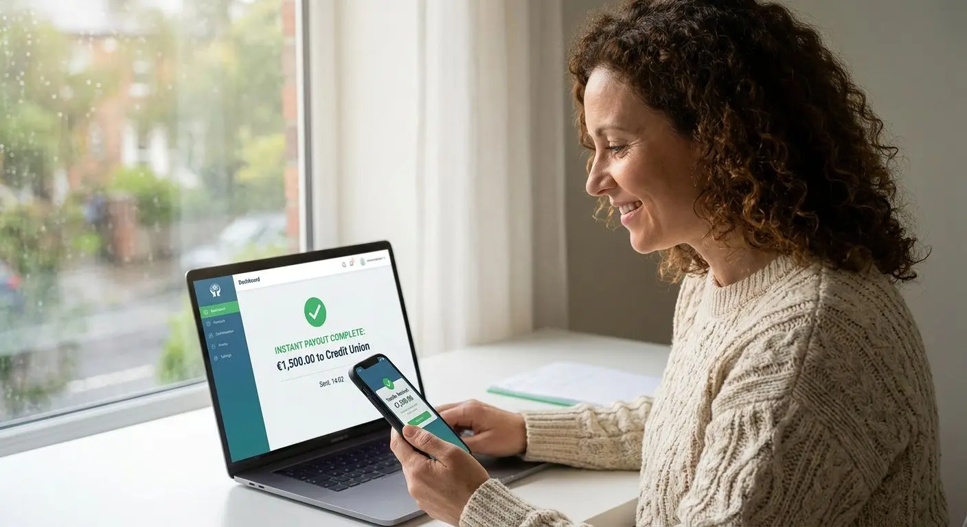 User in Ireland checking a fast bank transfer withdrawal on laptop and phone